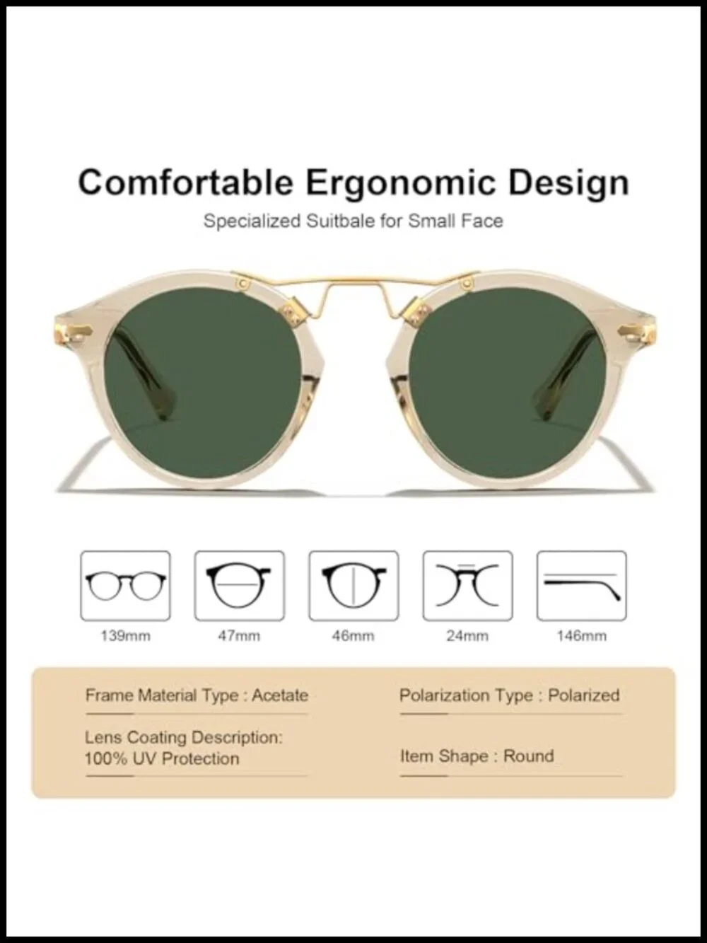 Retro Metal Brow Round Acetate Sunglasses Polarized UV Protection